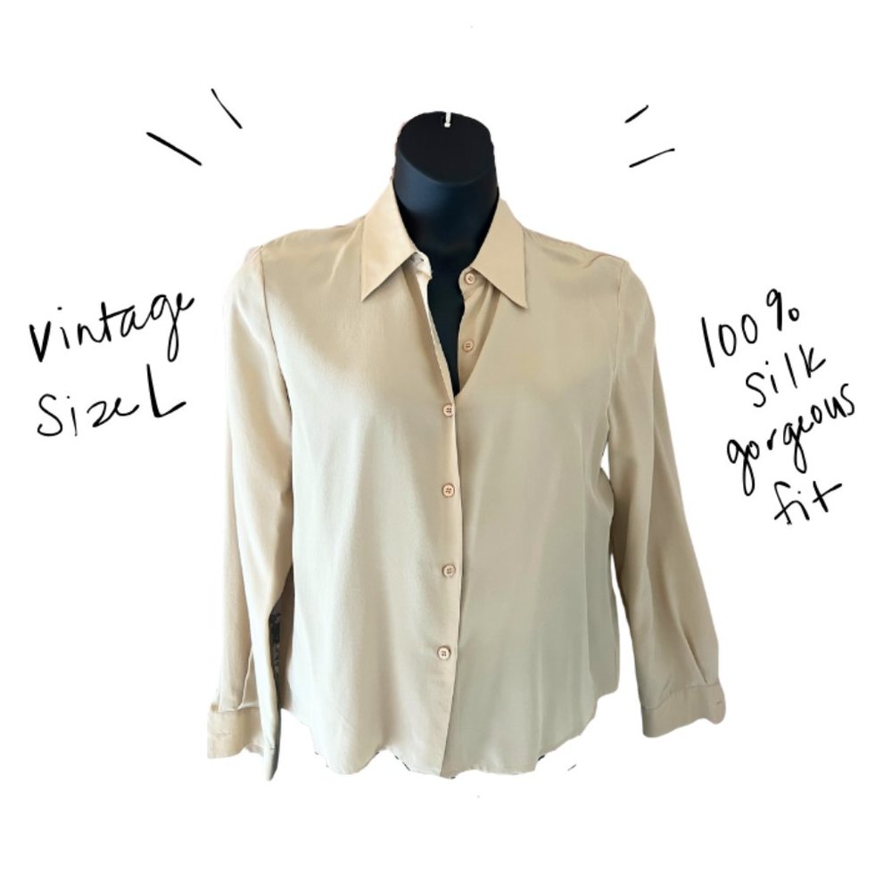 100% Silk Vintage Button Down Blouse with Taupe, Size Large